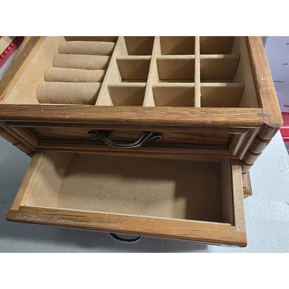 Vintage Wooden Jewelry Box Musical Mirror Lined Compartments Drawer Signed